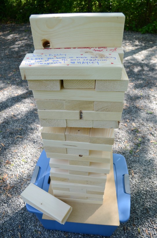 As a wedding/ house warming gift, the couple was given a giant Jenga like puzzle for the yard.